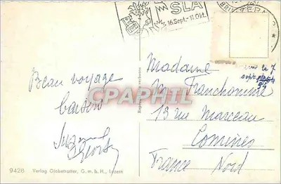 Luzern — widok panoramiczny z zasnieżonymi górami, zamkiem, jeziorem, fontanną, lwem Wolności i mostem krytym — Verlag Globetrotter, G.m.b.H., Luzern, nr 9428 — Rewers