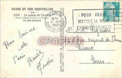Pałac w Chaillot — widok z ogrodu — André Léconté, Wydawnictwo 'Guy', nr 3.010 — Rewers