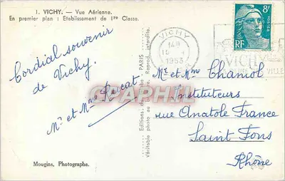 Vichy — Widok z powietrza — Ustanowienie 1. klasy — Wydawnictwo Glob, Paryż — Rewers
