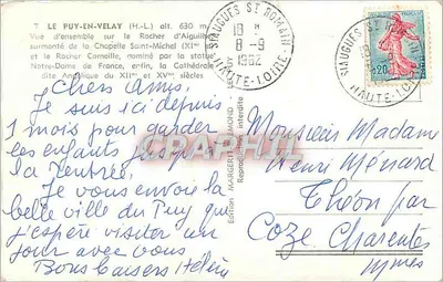Le Puy-en-Velay — vista geral do Rocher d'Aiguilhe e do Rocher Corneille — Edição Margerit Émond — Verso