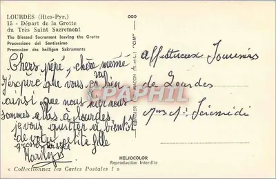 Lourdes (Htes-Pyr.) — Saída da Grotta do Très Santo Sacramento — edição CIM — Verso
