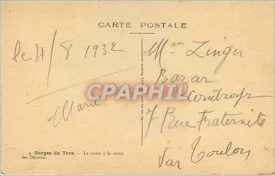 Gorges van de Tarn — De weg bij de uitgang van de Détroits — Uitgever Toulouse, n°4 — Achterkant