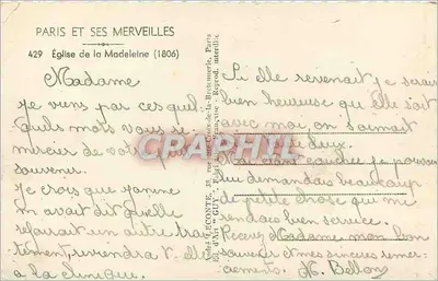 Kościół św. Marii Magdaleny — Paryż — Éditeur Guy, n° 429 — Rewers