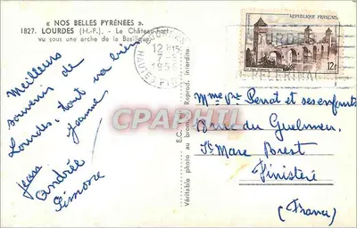 Lourdes — Zamek Wysoki widziany przez łuk Bazyliki — E.C. Reprod. — Rewers