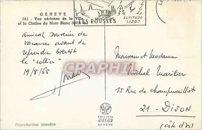 Genewa — Widok z powietrza miasta i Kaskady Alp (4816 m) — Wydawnictwo Jaeger, nr 551 — Rewers