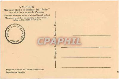 Vauquois — Monument aos Poilus que tombaram nas ataques de Vauquois — Héliogravure do Ossuário de Douaumont — Verso