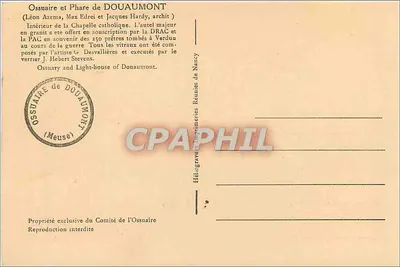 Widok wnętrza katedry katolickiej w Douaumont — Ossuaire i Farys — wydawca nieznany, numer serii nie widoczny — Rewers