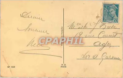 Gato preto e cachorro de pelagem curta — Bilhete postal antigo n° 1220 — M.D. PARIS — Verso