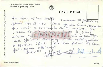 Widok z powietrza miasta Quebec, Kanada — Dystrybutor Émile Kirouac, 330 ulica St-Roch, Quebec — Drukarnia Armour Landry — RF-1290 — Rewers
