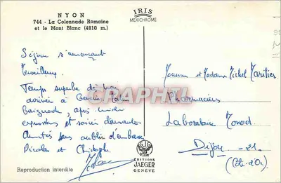 Rzymska Kolumnada — widok na Mont Blanc — Wydawnictwo Jaeger, Nyon, nr 744 — Rewers
