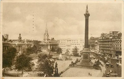 Trafalgar Square, Londres — vista com a Coluna de Nelson — editor Valentine's Card, n° 221031