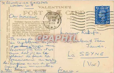 Trafalgar Square, Londres — vista com a Coluna de Nelson — editor Valentine's Card, n° 221031 — Verso