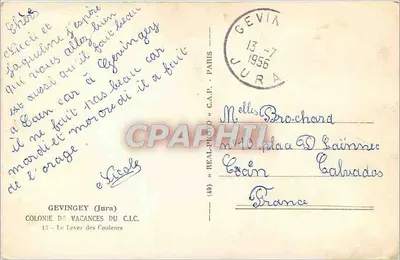 Colonne d'enfants — scène de colonie de vacances — éditeur GÉVINGEY (Jura) - COLONIE DE VACANCES DU C.L.C. — Verso