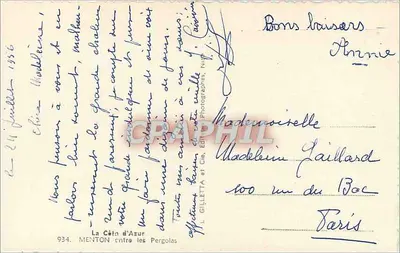 Menton — Vista do lago e do porto — L. Gilletta et Cie, editor, n° 934 — Verso