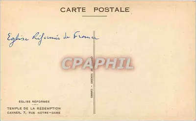Ewangelicka Kościół Francji — Katedra Odpuszczenia — Cannes, 7 rue Notre-Dame — rysunek G. Carlain — Rewers