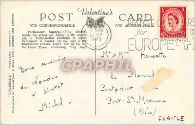 Parliament Square, Londyn — widok panoramiczny z Big Ben — Valesque Postcard & Sons Ltd. n° K.919 — Rewers