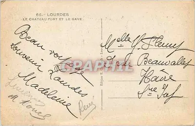Lourdes — Zamek wzniesiony i rzeka Gave — Wydawnictwo E. Oubriff - Lourdes — Rewers