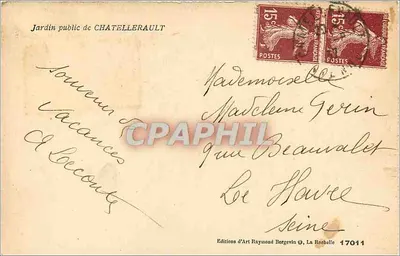 Jardim público de Châtellerault — vista de uma casa no estilo Tudor com estátua — editor Ramuntcho — Verso
