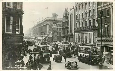 LONDRES, RUA OXFORD — vista animada com ônibus duplo decker e lojas — editor Post Tokim, n° 571
