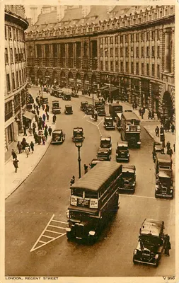 LONDRES, RUA REGENT — vista animada com ônibus e carros — Photochrom, n° V 996