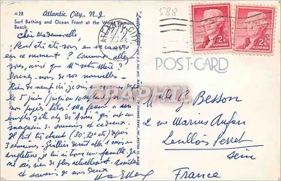 Atlantic City, N.J. — Banho de mar e frente marítima na famosa praia — Graphic Arts & Stamp Co. Inc., Boston — Verso