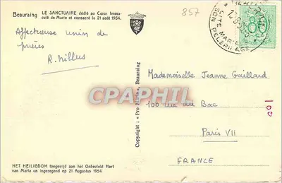 Santuário dedicado ao Coração Imaculado de Maria — Beauraing — editor Pro Maria, n° 857 — Verso