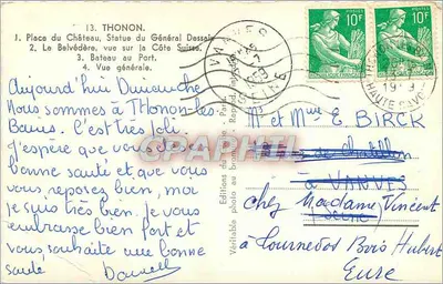 Thonon-les-Bains — widok zamek, figura generała Dessaigne, statek na przystani, ogólny widok — Wydawnictwo fotograficzne w brązie, Reprod. — Rewers