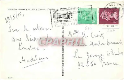 Praça de Trafalgar & Coluna de Nelson, Londres — The Photographic Greeting Card Co. Ltd. — n° 1310 — Verso