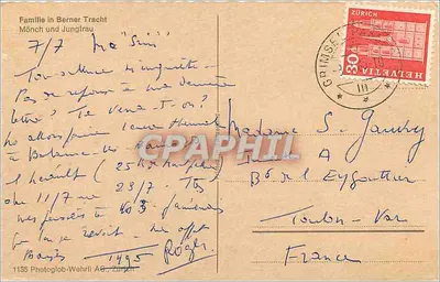 Família em traje de Berne — montanhas suíças no fundo — 1135 Photoglob-Wehrli AG, Zurique — Verso