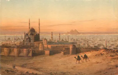 Vista geral do Caire das colinas de Mokattam — Mesquita de Mohammed Ali e pirâmides — editor Eastern Publishing Company, n° 116