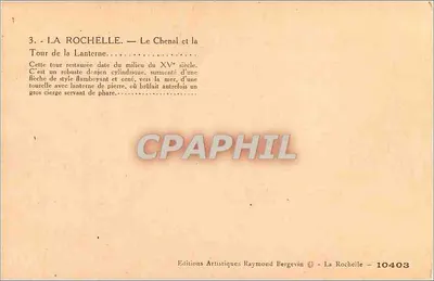 La Rochelle — O Canal e a Torre da Lanterna — Edições Artísticas Raymond Bergevin — Verso