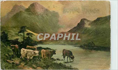 Vacas perto de um lago — paisagem montanhosa — Cartas Oléochromie, série 604