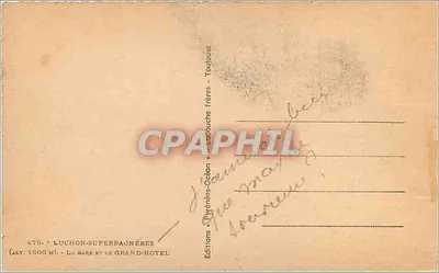Luchon-Superbagnères — Stacja i Wielki Hotel — Wydawca: Editions Pyrénées-Océan, nr 478 — Rewers