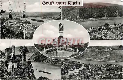 Gruss vom Rhein — Vista panorâmica do Rio Reno com Rüdesheim, Niederwalddenkmal, Burg Rheinstein, Abmannshausen e Bingen — V. Pallmann, Wiesbaden