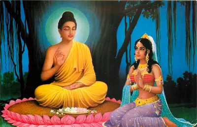 Buda e uma devota — cena florestal — editor não visível