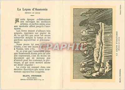 La Lección de Anatomía — Grabado en cobre — Editado por Les Laboratoires Fournier Frères — Reverso