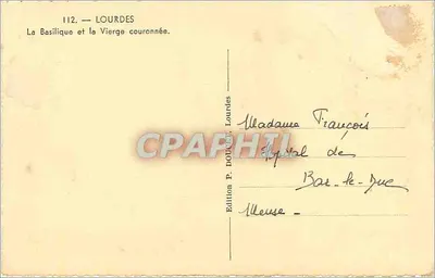 Lourdes — Bazylika i Ukrzyżowana Pani z koroną — Wydawnictwo P. Doucet, Lourdes, n°112 — Rewers