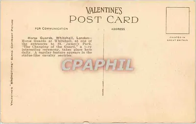 Guardas a cavalo, Whitehall, Londres — sentinelas e cavaleiro — Série Valentine's Bromotype n°69226 — Verso