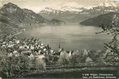 Veggis, Vitznauerstock, Ober- e Niederbauen, Schwalmis — vista panorâmica lacustre — Verlag J. VERLAG