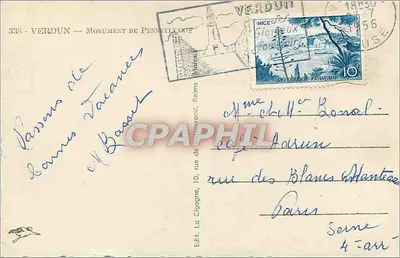 Verdun — Pomnik Pensylwania — wydawca La Cigogne, Reims, nr 338 — Rewers