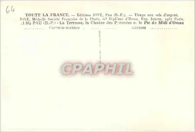 La Terrasse, la Cadena de los Pirineos y el Pic du Midi d'Ossau — Ediciones JOVÉ, Pau (B.P.) — Reverso