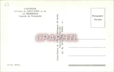 Cascade du Rossignolet — Environs du Mont-Dore et de La Bourboule — Édition G. d'Olliergues, Paris — Verso