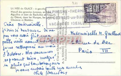 Morze lodowe — Massif des Grandes Jorasses, w przedsionku Aiguilles i zęba Rochefort oraz aiguille du Géant, wśród chmur, Charmoz i Blaïtière — G. ROYER-MIGNOD, Alpes-Thermes — Rewers