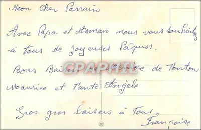 Arranjo de flores e pintinho — Feliz Páscoa — editor não visível — Verso