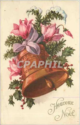Sininho de Natal decorado com flores e visco — texto impresso 'Feliz Natal' — editor 'S.P.' (verso)