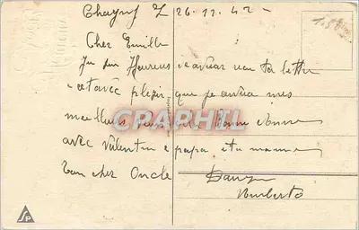 Sininho de Natal decorado com flores e visco — texto impresso 'Feliz Natal' — editor 'S.P.' (verso) — Verso