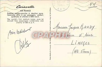 Avião Air France Caravelle — Foto Ballé (Air France) — Ref. 21381 — Verso