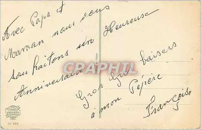 Mała dziewczynka w czerwonej pelerynie — z królikiem — tekst 'HEUREUX ANNIVERSAIRE' — wydawca 'LETIERS UNIVERS' N° 466 — Rewers