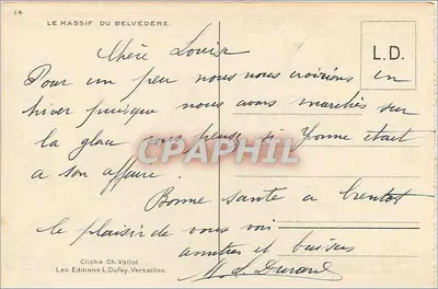 O Massif do Belvédère — vista nevada — Cliché Ch. Vallot, Les Éditions L. Dufay, Versailles — Verso