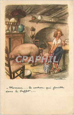 Menina e porco em uma cozinha — desenho de Roussel — editor não visível
